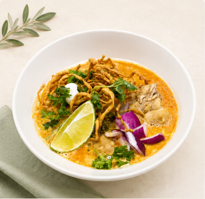 Khao Soi in a white bowl, Northern-style Thai curry noodle soup